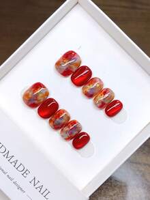 纯手工制作可佩戴美甲贴片，短款方形/圆形；手绘油画渐变红色新年个性化秋冬美甲贴片，气质简约设计，按压式美甲贴片，美甲用品 - 彩色 - 查看 4