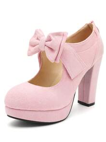 MAIERNISI JESSI Womens Bow Heels Mary Jane Shoes Round Toe Platform Chunky High Heel Vintage Dress Pumps - 粉紅色絨面 - 查看 12