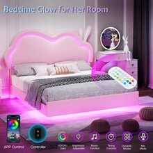 Floating Upholstered Bed Frame With LED Light, Cute Cloud Headboard For Girls, Sturdy Construction, Easy Assembly, No Box Spring Needed - Hồng - Xem 3