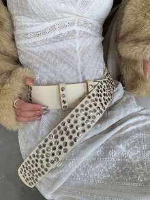 Y2K Beige Wide Belt, Sexy Punk Rock Street Style Metal Rivet Decor Faux Leather Belt - Beige - View 4