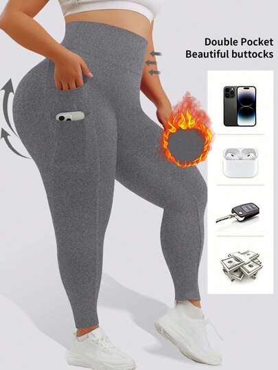 1pc Autumn/Winter Ribbed Brushed Plus Size Yoga Leggings, Gray, With 4 Pockets, Front Gusset Design, Double-Layer Waistband