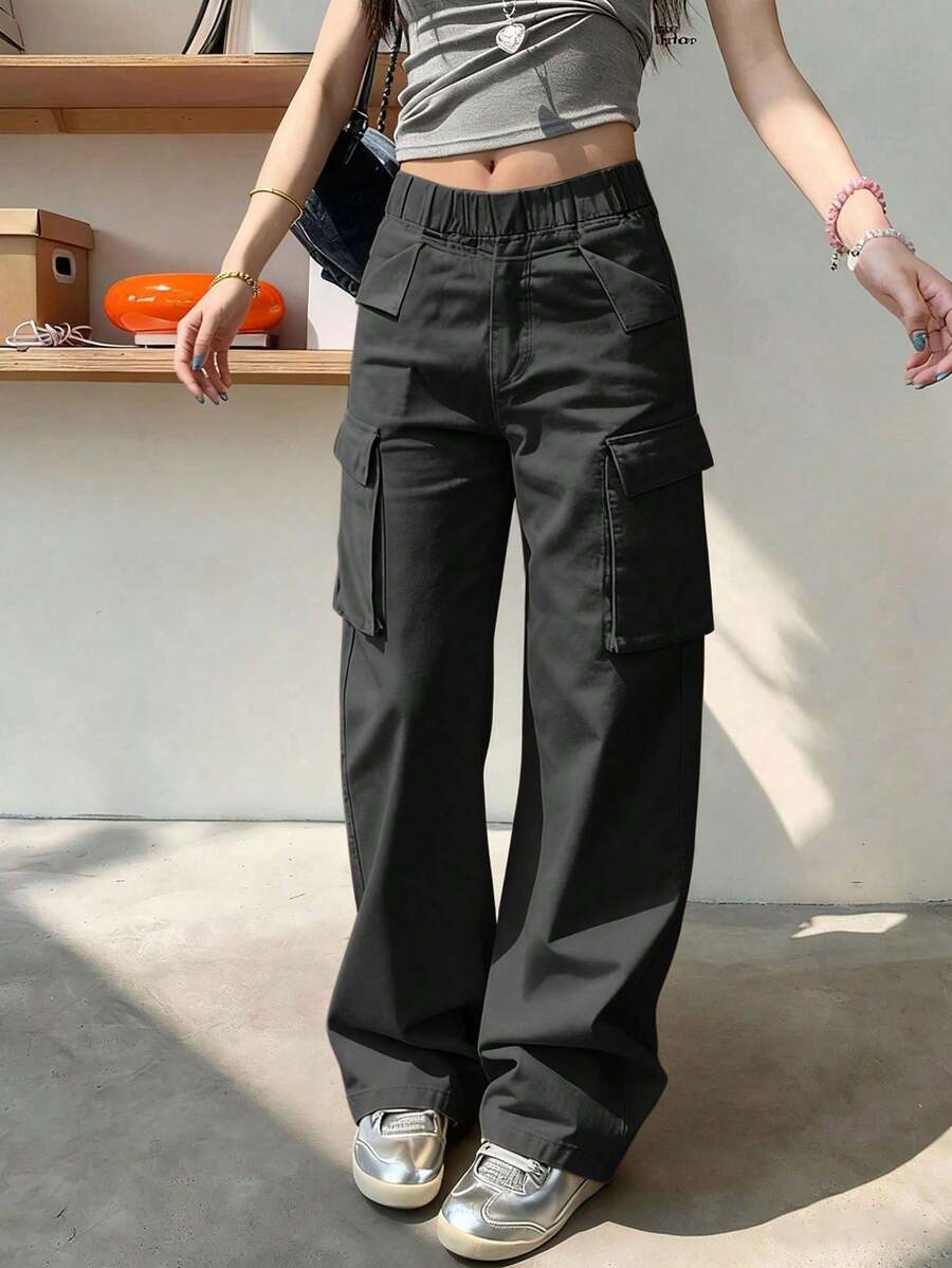 1pc Tween Girl/Teens High Street Design Casual Cargo Pants - Black - View 1