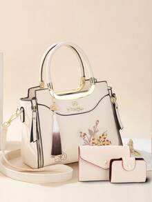 3pcs Embroidered Women Handbag Set, Including Shoulder Bag, Crossbody Bag And Tote Bag - Multicolor - View 10