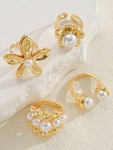 4pcs Elegant Vintage Coin Flower Shaped Pearl Decor Ring Set For Women, Suitable For Vacation, Party, Wedding, Birthday, Daily Wear (No Box) - Yellow Gold - View 5
