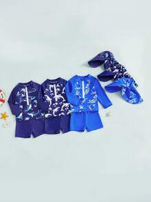 2Pcs Toddler Girls Boys Swimsuit Set Dolphin Print Stand Collar Long Sleeve Tops Shorts And Hat Rash Guard Swimwear