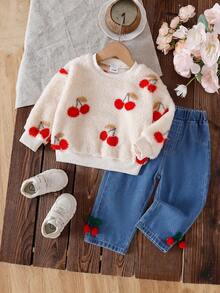 2pcs Baby Girls Cherry Embroidery Long Sleeve Top And Long Denim Pants Set - Multicolor - View 1