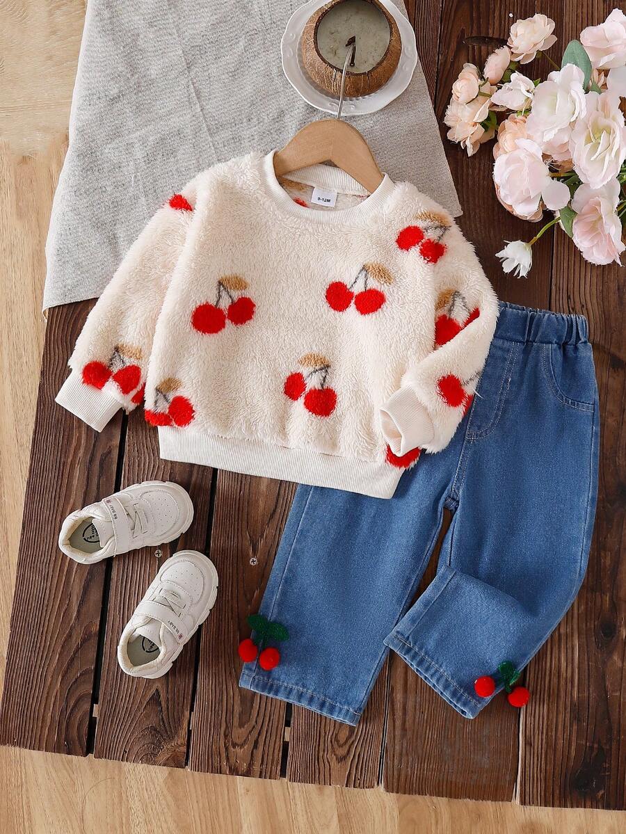 2pcs Baby Girls Cherry Embroidery Long Sleeve Top And Long Denim Pants Set - Multicolor - View 1