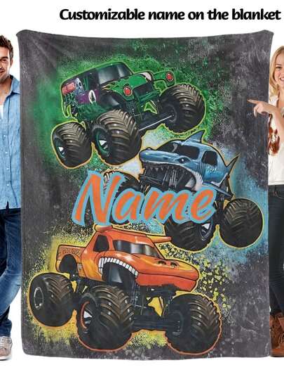 Personalized Monster Truck Racing Bedspread, Custom Name/Text Bed Sheet With Monster Truck & Number Design, Plush Flannel All-Season Blanket, For Bed, Sofa, Gift