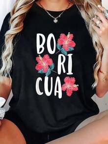 180g Camiseta de Manga Corta con Cuello Redondo Impresa Flores Boricua Chica Latina Puertorriqueña Mujer de Puerto Rico - Negro - Ver 2