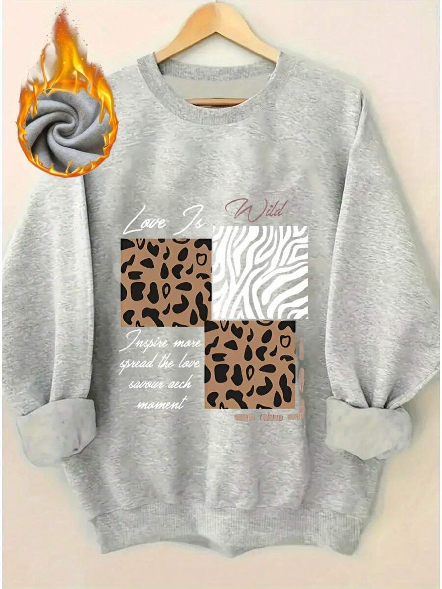 2026 Women's Pink & Brown Animal Print Sweater, Leopard Zebra Pattern With Wild Love Feminine Power Letters, Thick Fleece Velvet Crew Neck, Loose All-Season Layering Top, Machine Washable Winter Fashion Piece,End Of Season,Final Stock,Fan Favorite,Valentine Outfits For Women,Spring,Summer Outfits For Women.,Valentine Outfits For Women,Spring,Summer Outfits For Women.Women Long Sleeve Sweatshirts Plus Size Spring Break Summer Tops For Women Relaxed Daily Outfit. - 淺灰色 - 查看 1