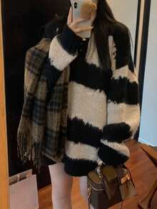 Women's Fashionable Versatile Striped Pullover Sweater, Knitted Casual Long Tops For Autumn/Winter - Khaki - View 2