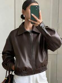 Livesso Spring New Vintage Leather Jacket, Short Style, Regular Fit, Women's Jacket For Valentine's Day Fall,Winter - Brown - View 5