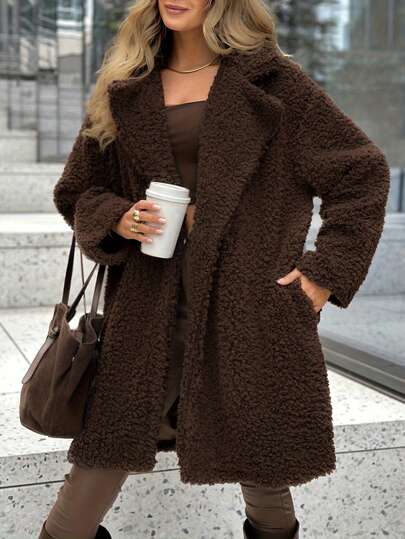 Women's Plush Notched Collar Open Front Long Sleeve Jacket, Fashionable & Versatile For Autumn/Winter Outings