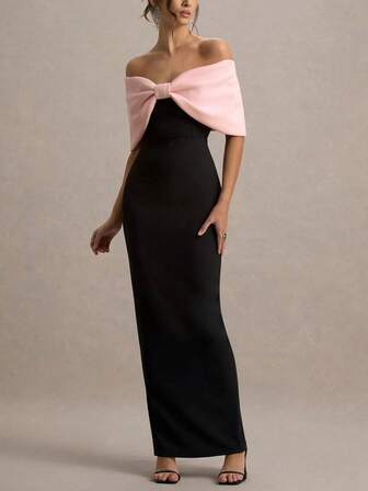 Women's Elegant Christmas Colorblock Bow Backless Christmas Party Dress