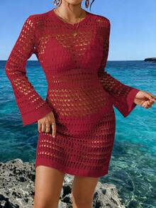 女士春夏沙滩装波西米亚风性感镂空露背长袖钩针罩衫太阳裙