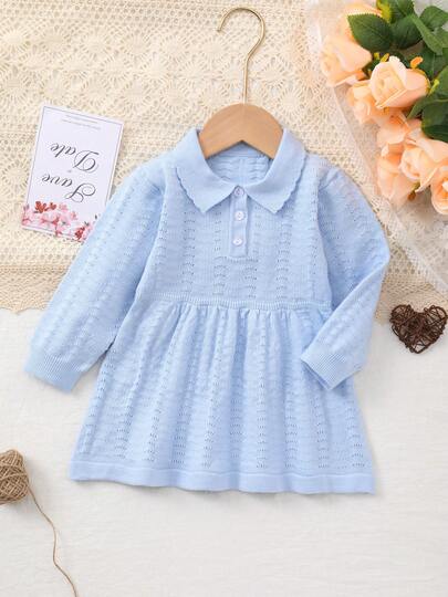 BabyflickaLedig Elegant Ihålig Krage Halv Dragkedja Långärmad Stickad Klänning, Ljusblå, Lämplig För Utflykter Och Samlingar, Graciös Och Charmig