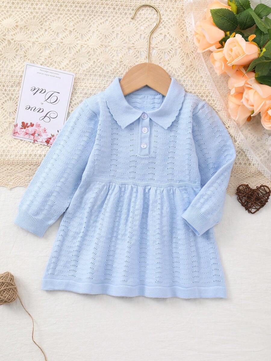 Baby GirlCasual Elegant Hollow Out Collared Half-Zip Long Sleeve Knit Dress, Light Blue, Suitable For Outings And Gatherings, Graceful And Charming - Baby Blue - View 1