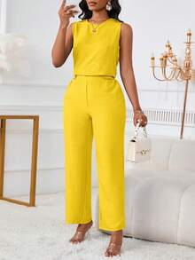 女士时尚休闲无袖上衣长裤两件套，斜插口袋和纽扣细节设计，优雅夏季 - 鵝黃 - 查看 5