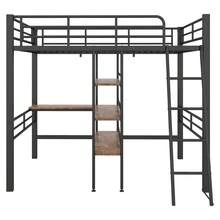 High Bed, 90*200cm, Without Mattress, Bed With Desk, Multiple Shelves, Railing, Ladder, Iron Frame, Black - 黑色+金屬+90cm*200cm - 查看 6