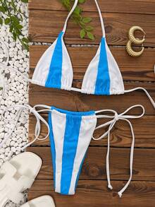 Women's Elegant Sexy Mini Bikini, Light Blue Contrast Color Solid Color Swimsuit, Suitable For Women's Vacation, Beach Wear, Also Suitable For Dates, Suitable For Autumn/Winter 2026 Spring/Summer - Multicolor - View 3