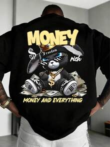 街头时尚！男士财富兔图案印花短袖T恤 - 黑色 - 查看 2