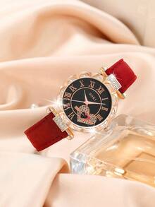 SOKI SOKI Fashionable & Elegant Butterfly Pendant Necklace, Earrings And Bracelet Set, Paired With A Heart Pattern Round Quartz Watch. Suitable For Personal Use Or Gift-Giving. No Gift Box Included. - Red - View 5