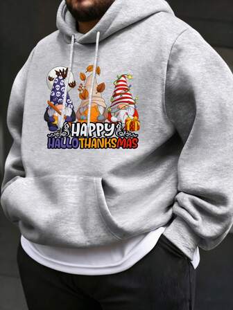 1 st plusstorlek herrtröja med jultomtetryck och fodrad huva, lämplig för jul och vardagsbruk, höst/vinter