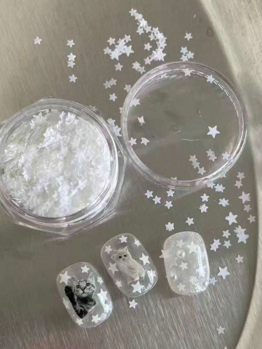1盒綜合白色星星美甲亮片,Ins風美甲裝飾,手工美甲配件材料,閃粉裝飾DIY美甲貼紙,適用日常美甲裝飾,美甲用品美甲飾品 - 彩色 - 查看 1
