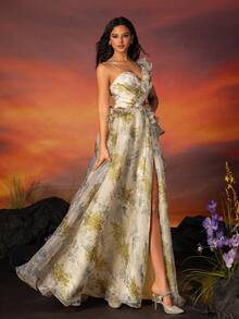 VIPGIRL 花卉印花网纱荷叶边不对称领口晚礼服 - 黃色 - 查看 4