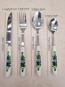 4/24件套精美蓝色玫瑰印花陶瓷柄不锈钢餐具，包括叉子、甜点勺、汤勺、牛排刀，独特优雅的餐具套装，适用于家庭、餐厅、厨房、日常用餐、派对和节日聚会。 - 銀色 - 查看 3