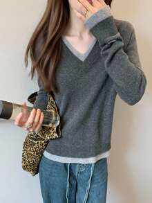 Alicedudu 女士秋冬 V 领套头毛衣，简约设计，二合一造型 - 深灰色 - 查看 1