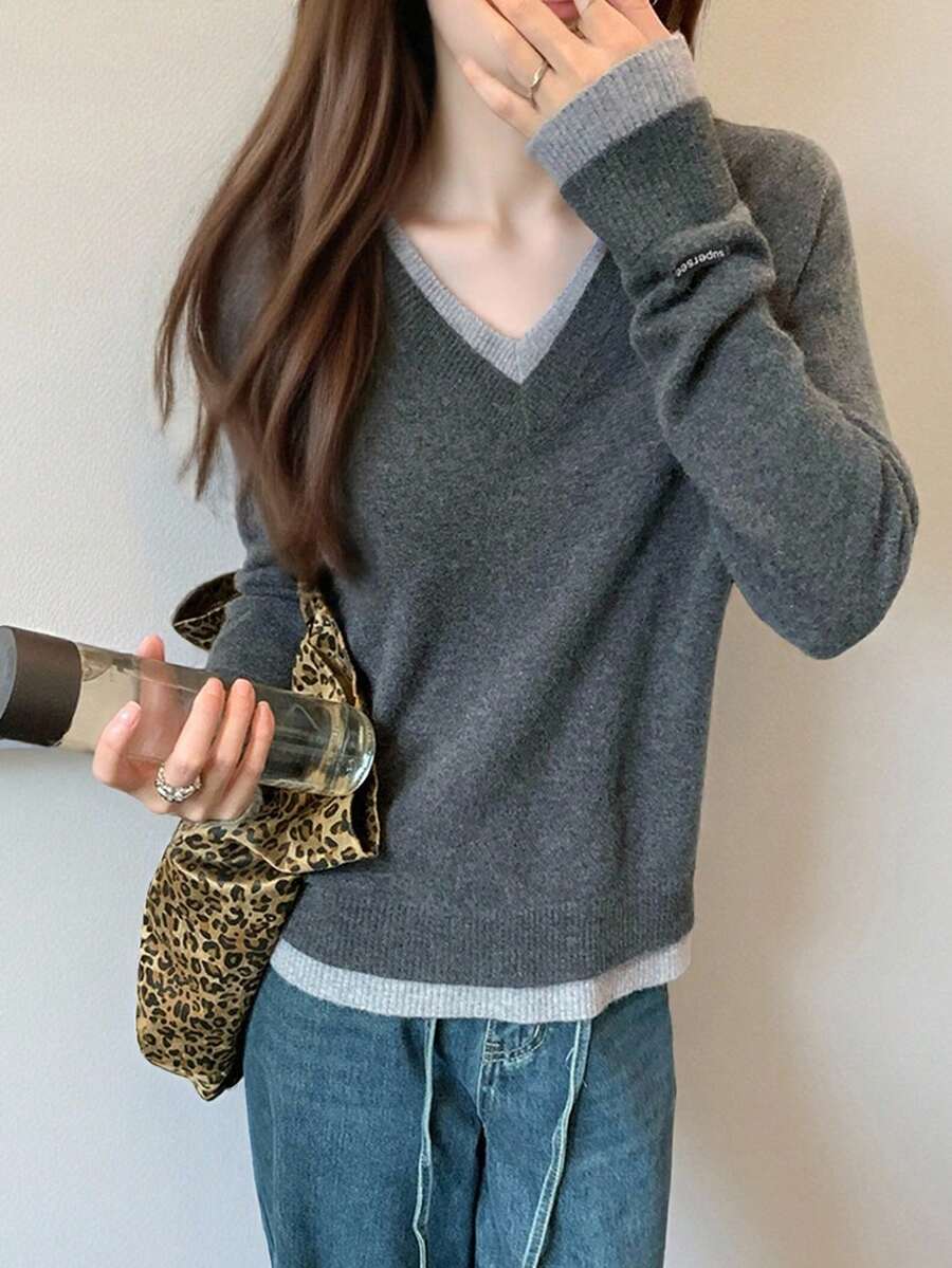 Alicedudu 女士秋冬 V 领套头毛衣，简约设计，二合一造型 - 深灰色 - 查看 1