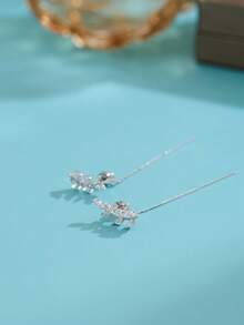 一对银叶水钻耳环，简约设计长流苏耳环，清新优雅的配饰 - 銀色 - 查看 5