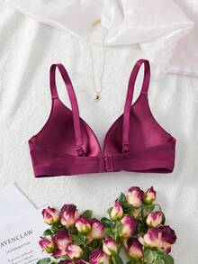 1件装 V 型女士舒适无钢圈软杯纯色内衣文胸 - 酒紅色 - 查看 2