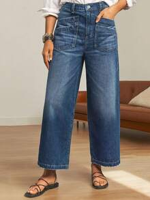 女士休闲优雅阔腿七分牛仔裤，时尚菱形口袋 - 中等水洗藍 - 查看 2