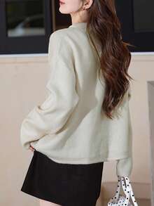 Alicedudu Damen Herbst & Winter Koreanischer Stil Schleife Dicke Loose Strick Cardigan Pullover - Beige - Übersicht 2