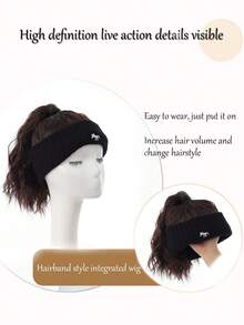 Synthetic Hat Wig, Knitted Hat Wig, Knitted Headband With Hat Wig, One-Piece Empty Top Hat High Ponytail Wig, Suitable For Women's Winter Hat Wig - Brown Black Dark Brown - Multicolor - View 2