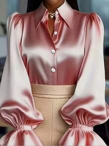 Women Satin Button Down Shirts Long Sleeve Lapel V Neck Blouse Spring Summer Fall Lantern Loose Casual Office Business Work Tops Outfits - Pink - View 2