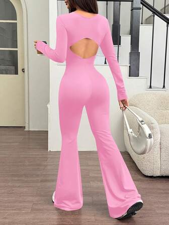AiTyi Women's Jumpsuit, Casual Daily Wear Backless Hollow Design, Fashionable Sexy Slim Fit Comfortable Outdoor Commute Sports Versatile, Suitable For Graduation, Christmas, New Year, Thanksgiving, Autumn/Winter Elastic Knit Long Sleeve Flared Leg Jumpsuit, Well Fit