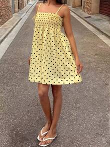 Vintage Polka Dot All Over Print Bohemian Casual Ruched Elastic Waist Frill Trim Cami Mini Dress Or Skirt With Styling Versatility Summer Elegant - Yellow - View 4