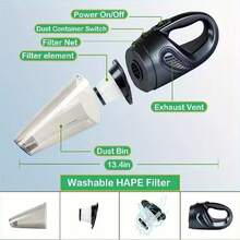 Aspiradora portátil mini para coches de mano: fácil de usar y potente, ideal para limpiar coches particulares, limpieza doméstica, así como pelaje de mascotas y desechos. Aspiradora portátil de 12V, aspiradora para coches potente con 8000PA, bajo ruido, incluye cinco accesorios. Aspiradora inalámbrica portátil para coches, solución de limpieza rápida, diseño anti-pelaje, compacta y pequeña, mango ergonómico, construcción duradera, rendimiento fiable, aspiración fuerte, esencial para viajes, exclusiva para propietarios de coches. - Negro - Ver 3