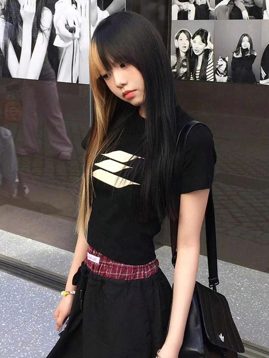 圆领短袖T恤，美式辣妹风格，夏季新款几何图案印花，修身露脐女式上衣 - 黑色 - 查看 1