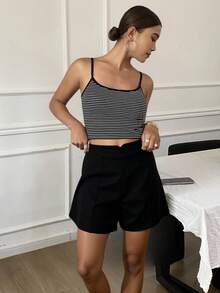 Livesso 高腰纯色休闲阔腿短裤 - 黑色 - 查看 2