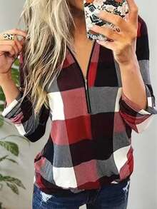 Áo nỉ chui đầu kẻ caro có khóa kéo thường ngày dành cho nữ với cổ tay bo tròn - Nhiều màu - Xem 3