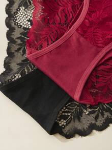 3pcs Classic Sexy Mid-Rise Panties, Seductive Lace Panties With Mesh Design, Black Panties, Red Panties, Floral Pattern, Romantic And Elegant Charm, Panty Sets, Sexy Lingerie, Fashionable Style - Multicolor - View 5