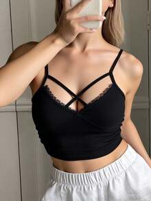 Livesso Lace Trim Cropped Camisole Top For Summer Going Out Tops - Black - View 5