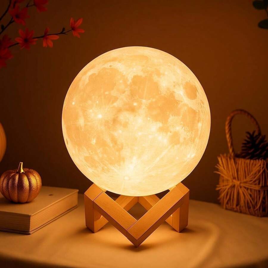 Moon Lamp - 3D Printed LED Night Light 6.3' With Wooden Base, White Elephant Gift For Women, Mom, Kids, Christmas Thanksgiving Table Decor Touch-Dimmable & Dual-Color, White & Yellow - 16 種顏色 - 查看 1