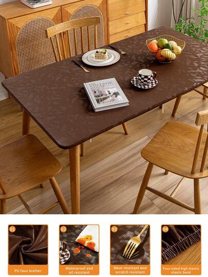 1pc Rectangular Elastic Tablecloth, Waterproof And Oil-Resistant, Coffee-Colored Elastic PU Faux Leather Material, Durable And Easy To Clean Tablecloth, Suitable For Dining Tables, Catering, Parties And Outdoor Gardens