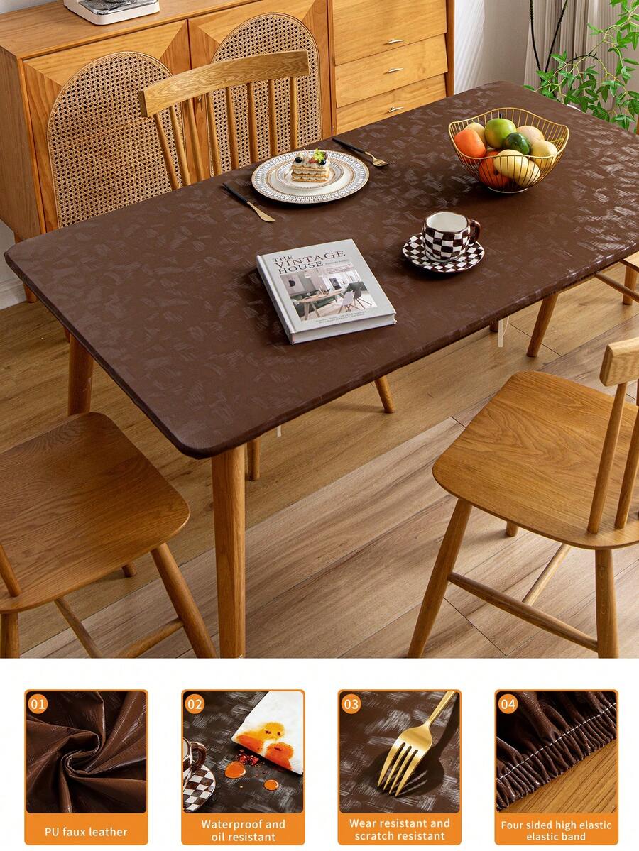 1pc Rectangular Elastic Tablecloth Cover, Waterproof And Oil-Proof, Coffee Color Elastic PU Faux Leather Material, Easy To Clean Tablecloth, Suitable For Dining Table, Catering, Party And Outdoor Garden