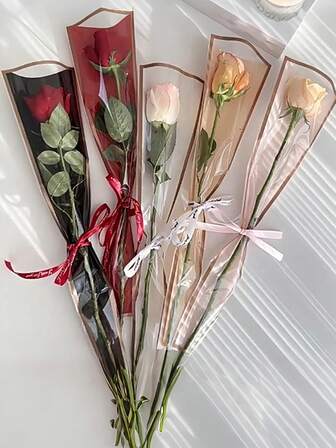 50 Pcs Transparent Single Bouquet Packaging Bag Single Rose Wrapping Paper Red Pink White Black Plastic Rose Packaging Bags For Flower Arrangement Mother's Day Birthday Valentine's Day Gift